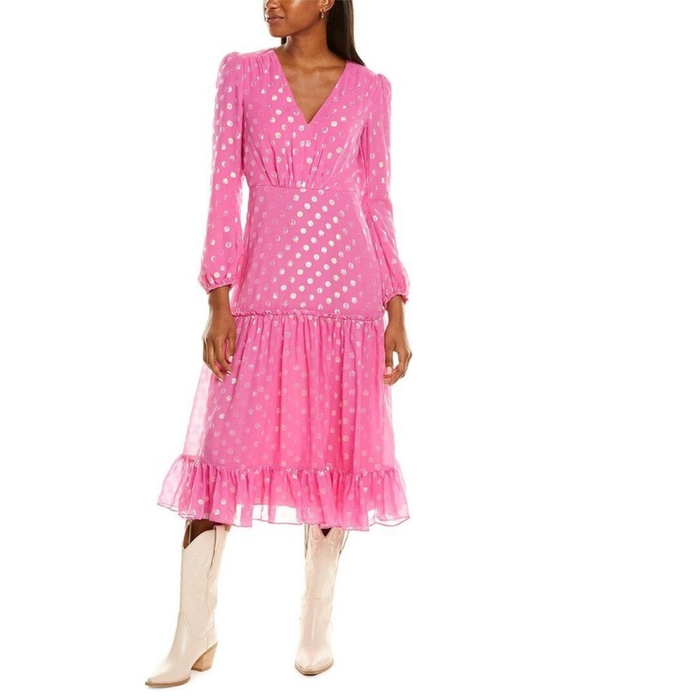 Saloni Pink Polka Dot Devon gathered fil coupé silk-chiffon midi dress Sz 6